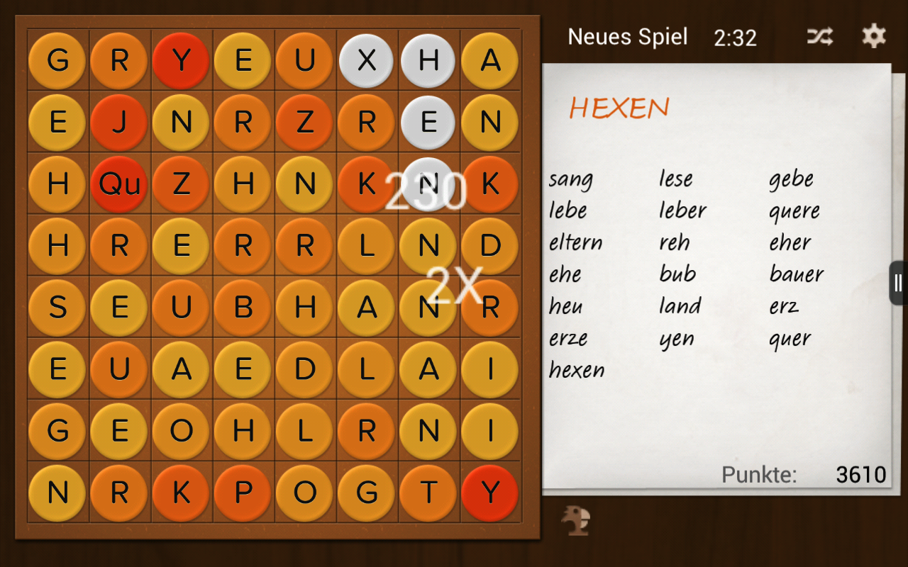Kreuz und Quer Wortsuche App Spielfeld